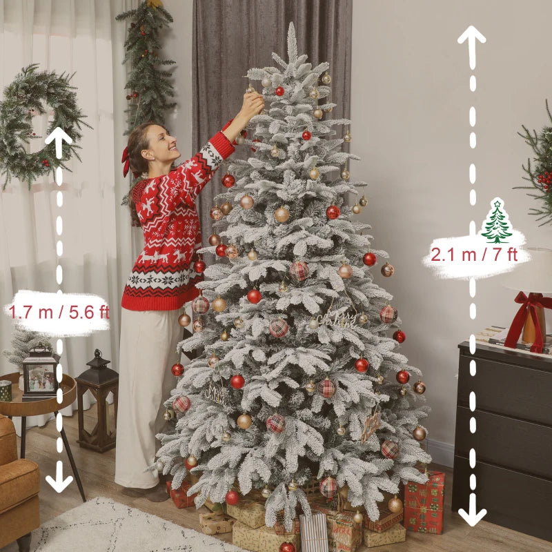 7ft Flocked Christmas Tree - 1867 Branches, Hinged Design, Foldable Metal Stand, Easy Assembly for Home & Office Decor