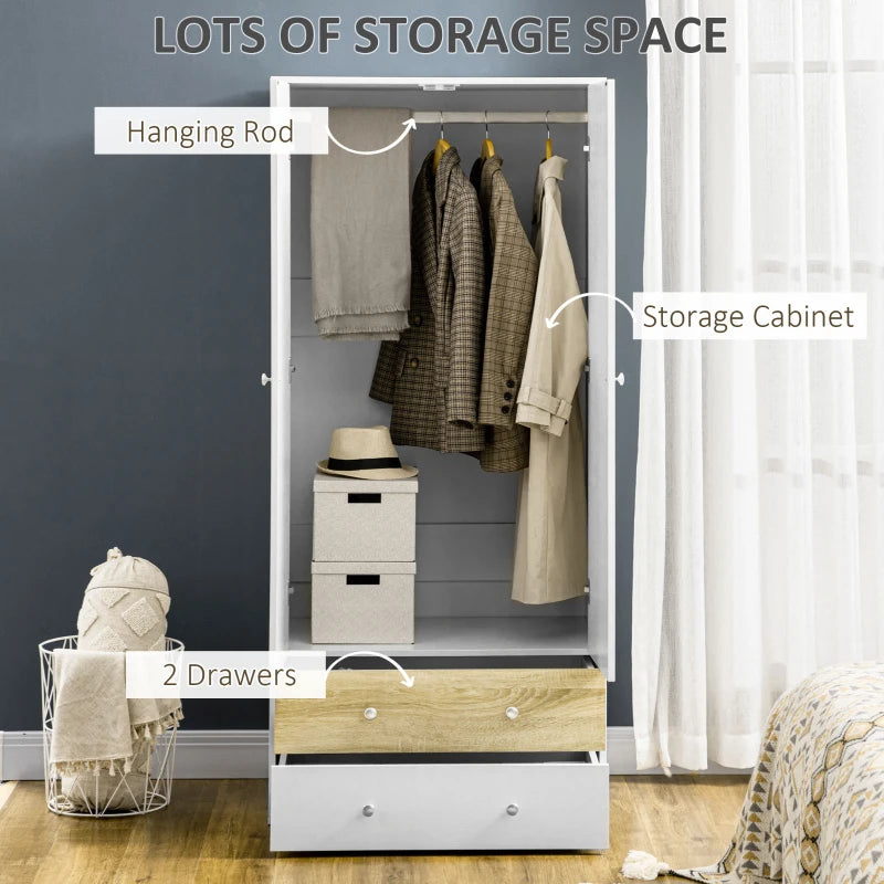 Stylish 2-Door Wardrobe with Drawers and Hanging Rod for Bedroom Storage Solutions