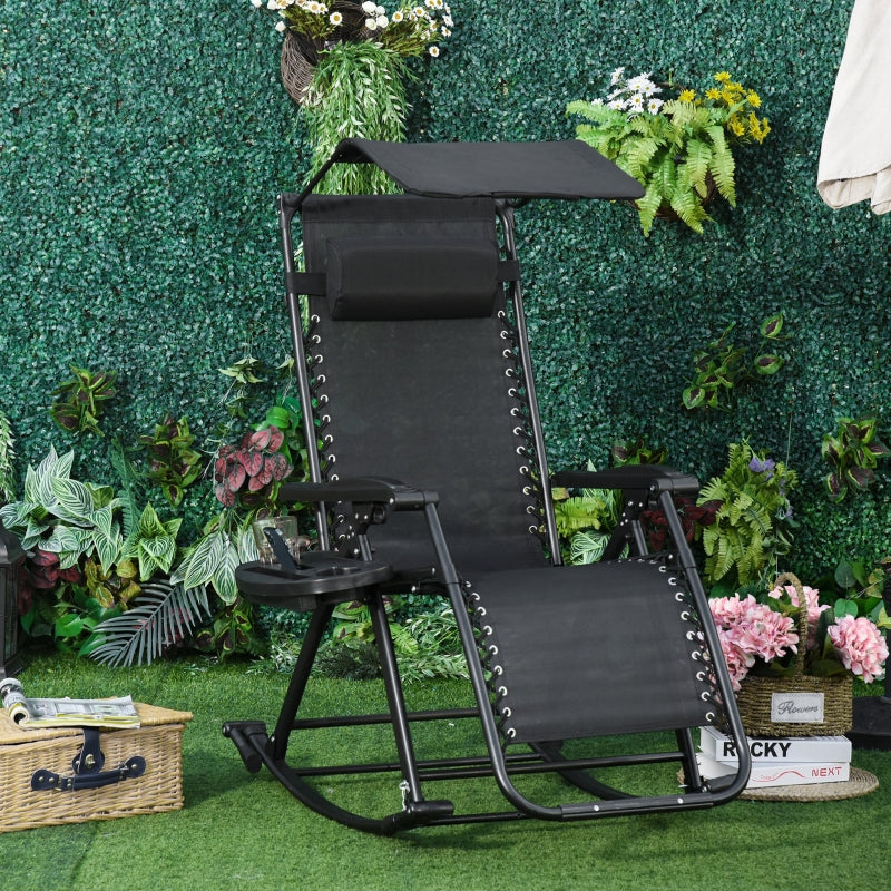 Black Folding Rocking Sun Lounger with Headrest & Side Holder