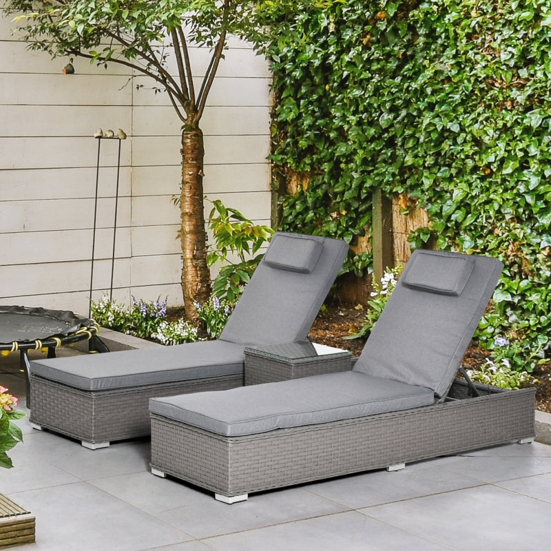 Grey Rattan Sun Lounger Set with Side Table