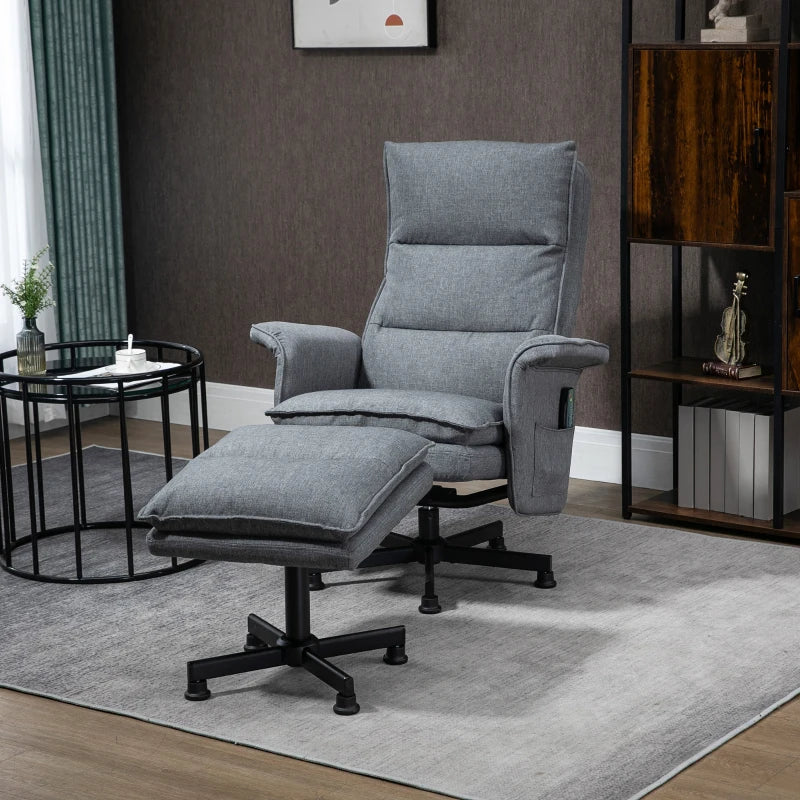 Upholstered Swivel Recliner Chair with Footstool, Remote-Controlled Massage Armchair, Timer and Steel Base in Grey