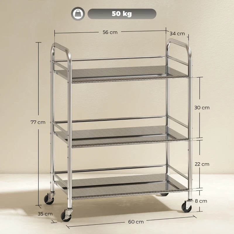 3 Tier Stainless Steel Kitchen Storage Trolley with Adjustable Shelf - Versatile Silver Cart for Organizing Kitchen Essentials