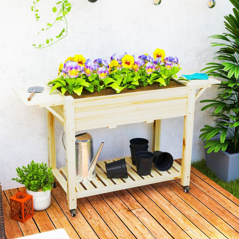 Wooden Elevated Planter Box with Lockable Wheels, Side Tables, and Bottom Shelf - 48" Natural Outdoor Garden Bed for Vegetables, Flowers, and Fruits