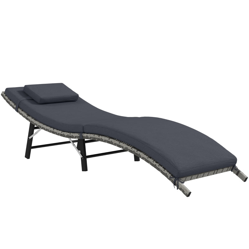 Grey Rattan Folding Sun Lounger with Cushion and Pillow
