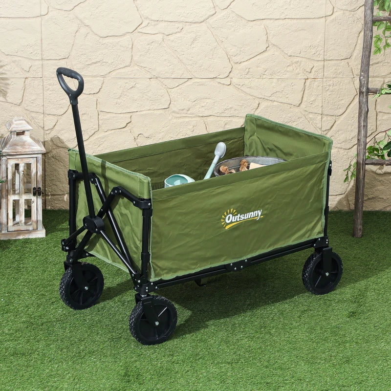 120L Folding Garden Trolley Cart - Green Outdoor Collapsible Wagon with Wheels & Adjustable Handle for Beach, Camping & Festivals