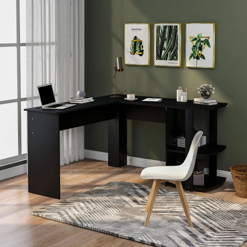 L-Shaped Corner Computer Desk with Storage Shelves - Large Home Office Gaming Desk, Easy Assembly, 140x140x75 cm, Black