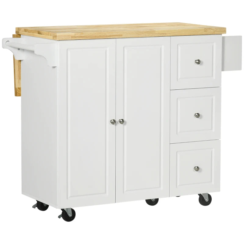 Drop-Leaf Kitchen Island on Wheels - Extendable Rubber Wood Worktop, Rolling Storage Trolley with Drawers & Cabinet, White