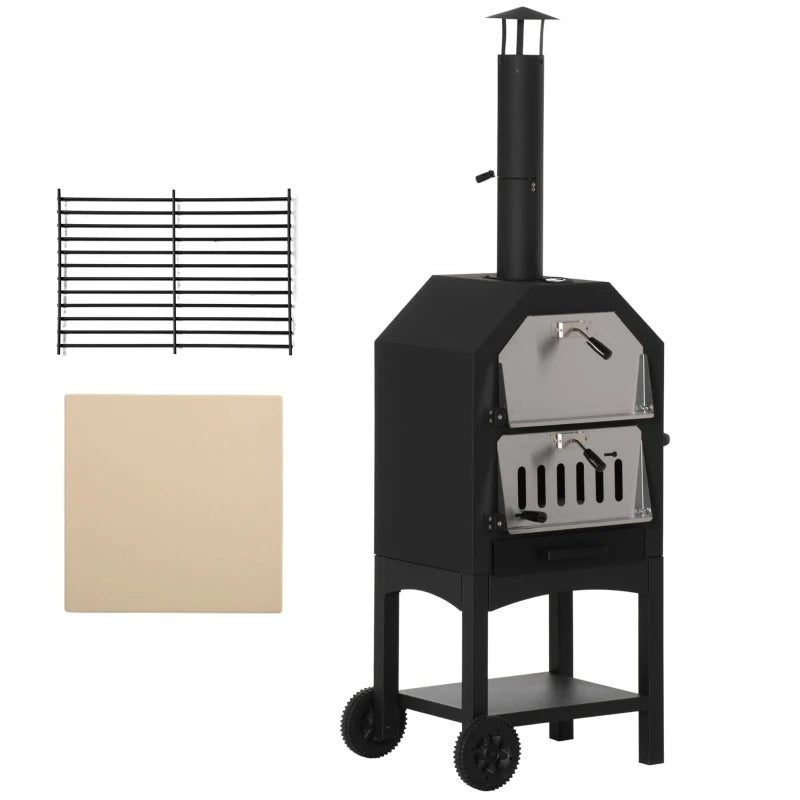 Stainless Steel Outdoor Pizza Oven BBQ Grill - Charcoal, 3-Tier, Chimney, Thermometer, Wheels - Black