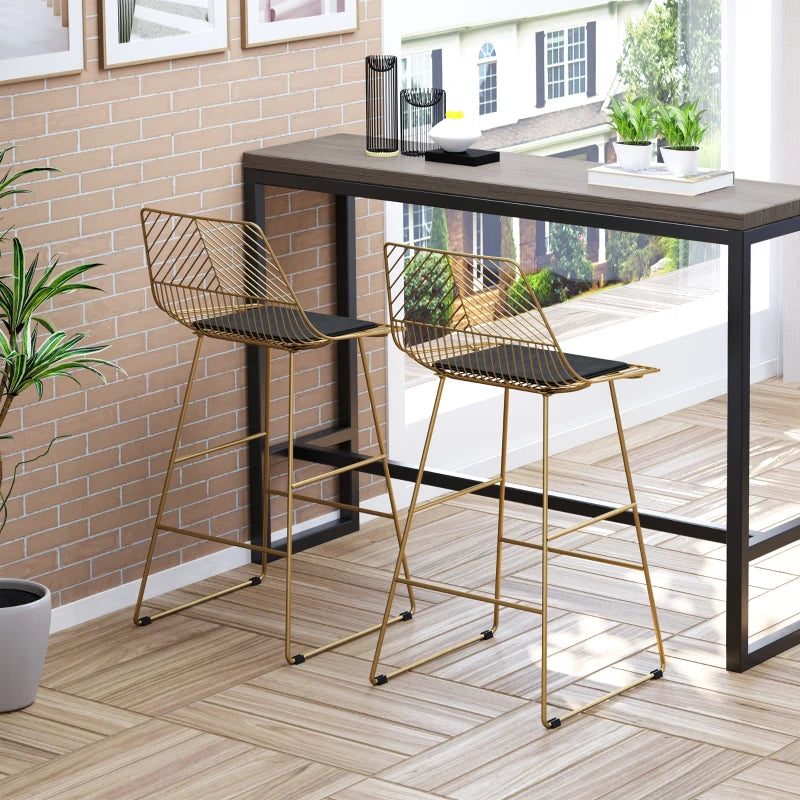 Set of 2 Modern Gold Bar Stools - Counter Height Breakfast Chairs with Wire Metal Frame for Kitchen & Dining Room