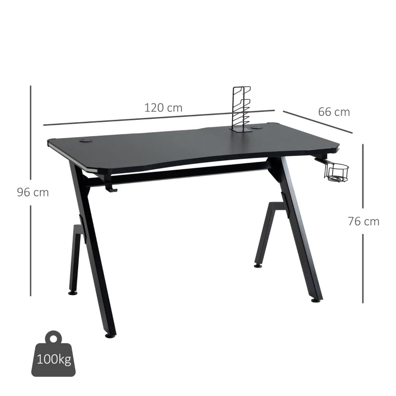 RGB Gaming Desk 120x66cm - Carbon Fibre Surface, Headphone Hook, Cup Holder & Controller Rack - Black Home Office Table