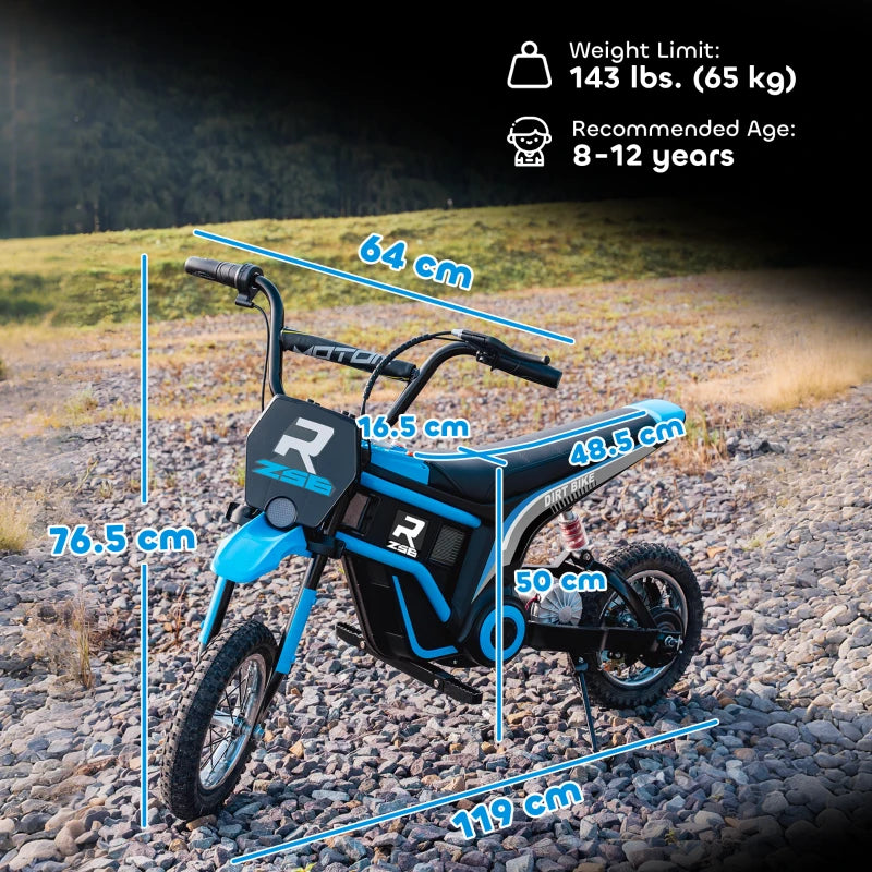 24V Electric Motorbike for Kids with Twist Grip Throttle Music Horn 12 Inch Tyres Blue