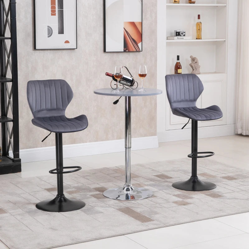 Stylish Grey Velvet Bar Stool Set of 2 - Adjustable Height Swivel Counter Chairs with Footrest for Modern Home Decor