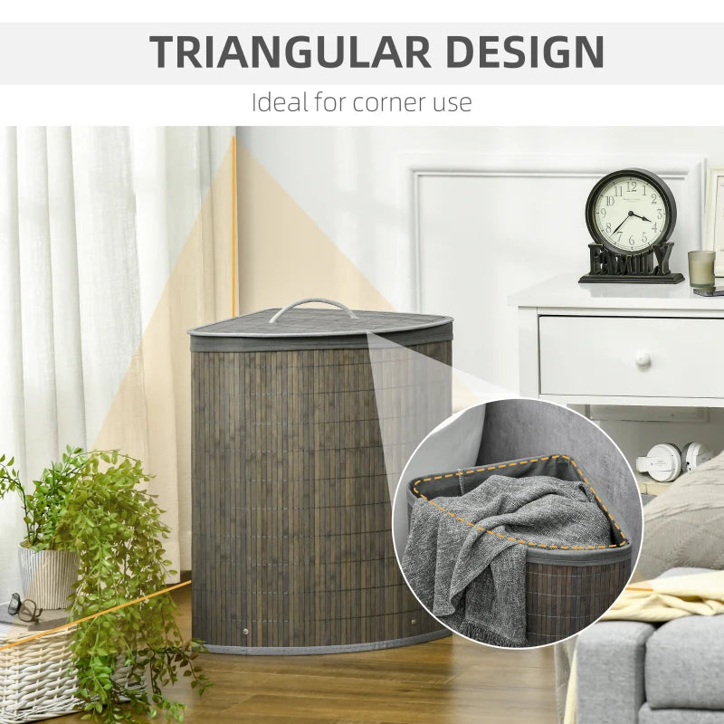 Stylish Grey Bamboo Laundry Basket with Lid - 55L Hamper, Removable Washable Lining, Perfect Corner Storage, 38x38x57cm