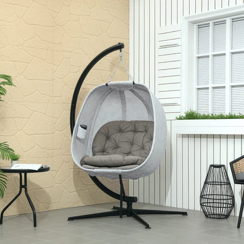 Hanging Egg Chair - Outdoor Indoor Garden Swing Chair with Folding Basket, Thickened Cushion, Cup Holder - Sand Brown