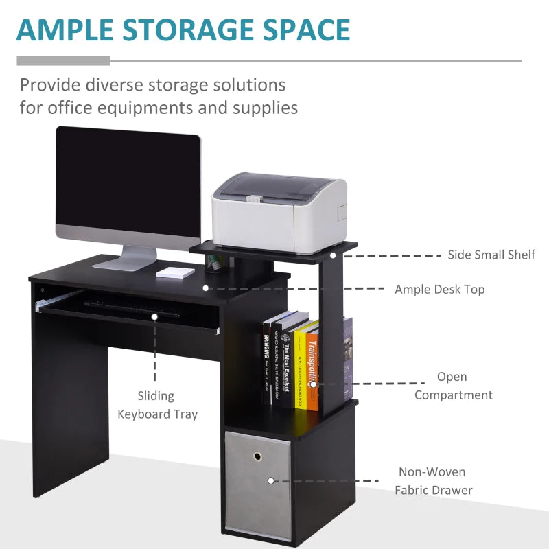 Black Computer Desk with Sliding Keyboard Tray, Storage Drawer & Shelf - Ideal Home Office Workstation