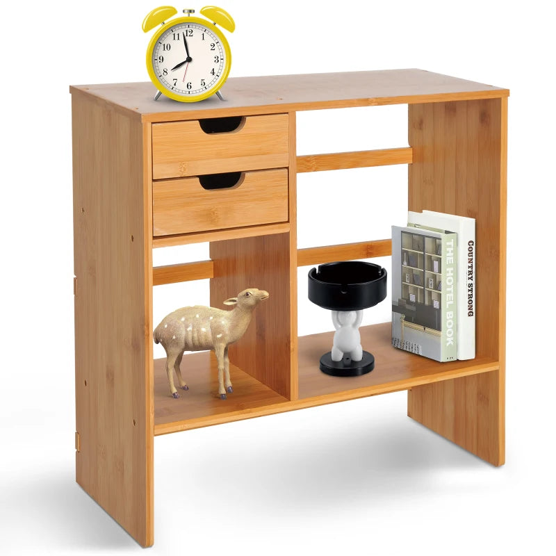 Bamboo Desk Organiser with 2 Drawers - Versatile Desktop Bookshelf & Stationery Storage Shelf for Documents
