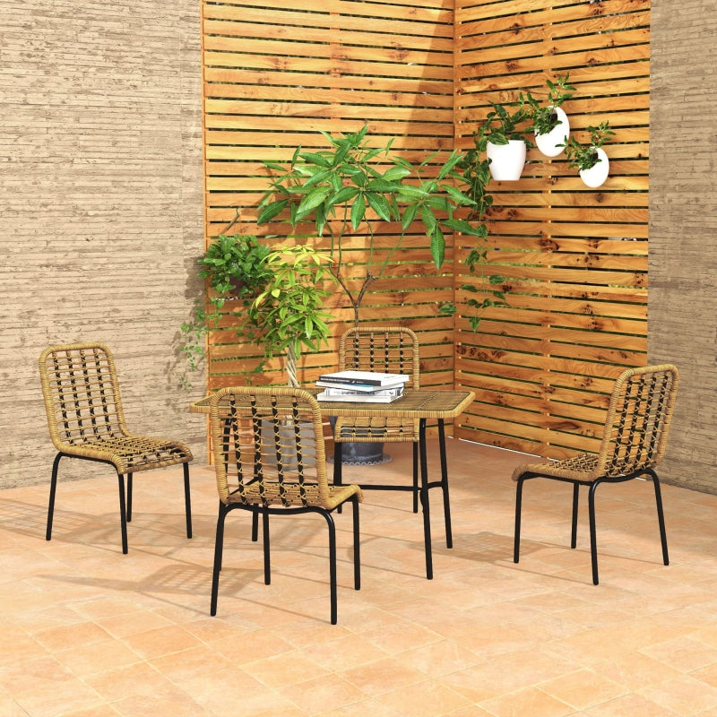 5-Piece Rattan Garden Dining Set with Glass Tabletop - Natural Wood
