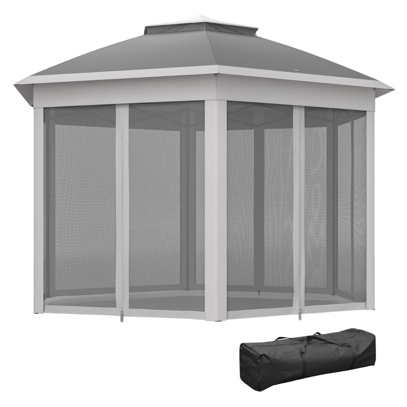 3x4m Dark Grey Hexagon Garden Gazebo - Pop Up Party Tent Canopy with Double Roof, Netting & Carry Bag for Outdoor Patio