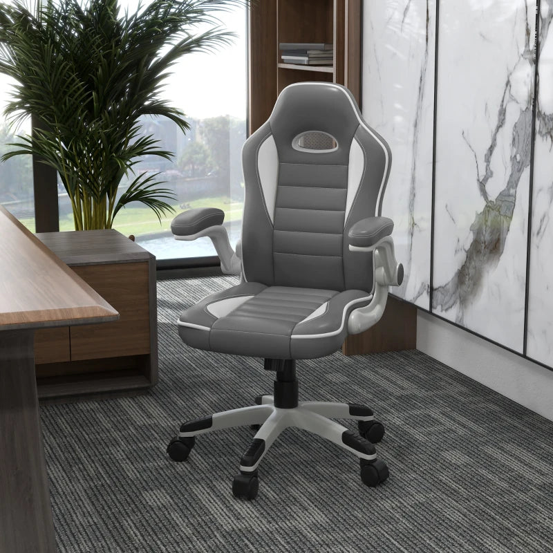 Vinsetto Grey Gaming Chair - PU Leather Office Desk Swivel Chair with Adjustable Height, 90° Flip-up Armrests & Rolling Wheels