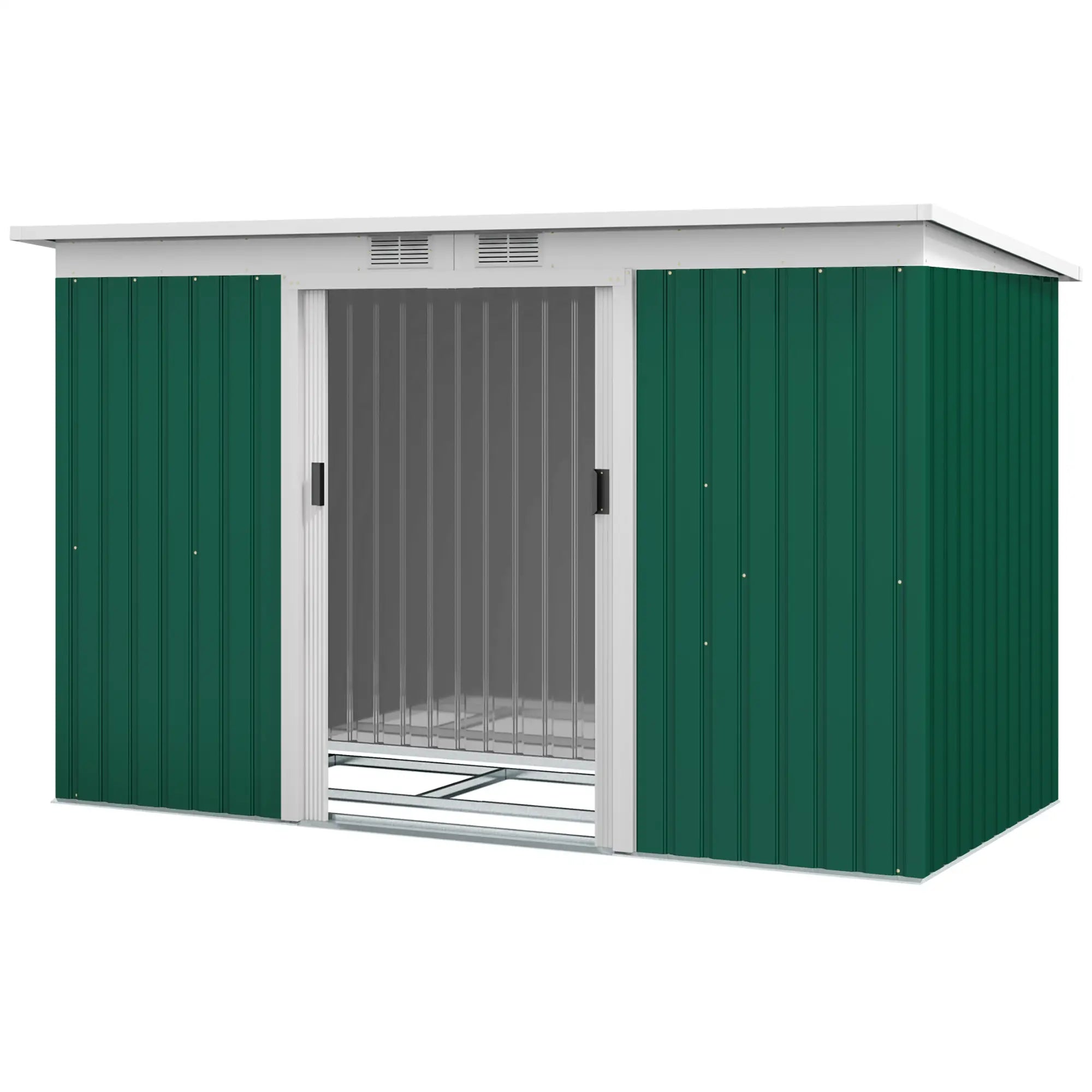 Deep Green 9ft x4 ft Metal Outdoor Garden Shed with Floor Foundation, Ventilation System, and Double Doors