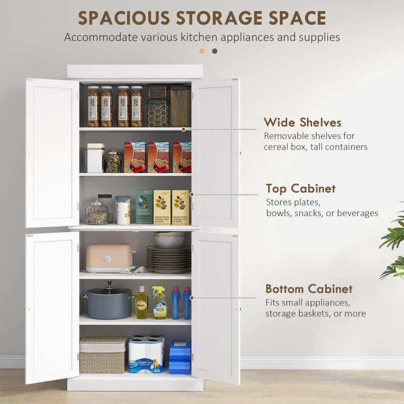 Freestanding Kitchen Storage Cabinet with 4 Doors and 6-Tier Shelving in White