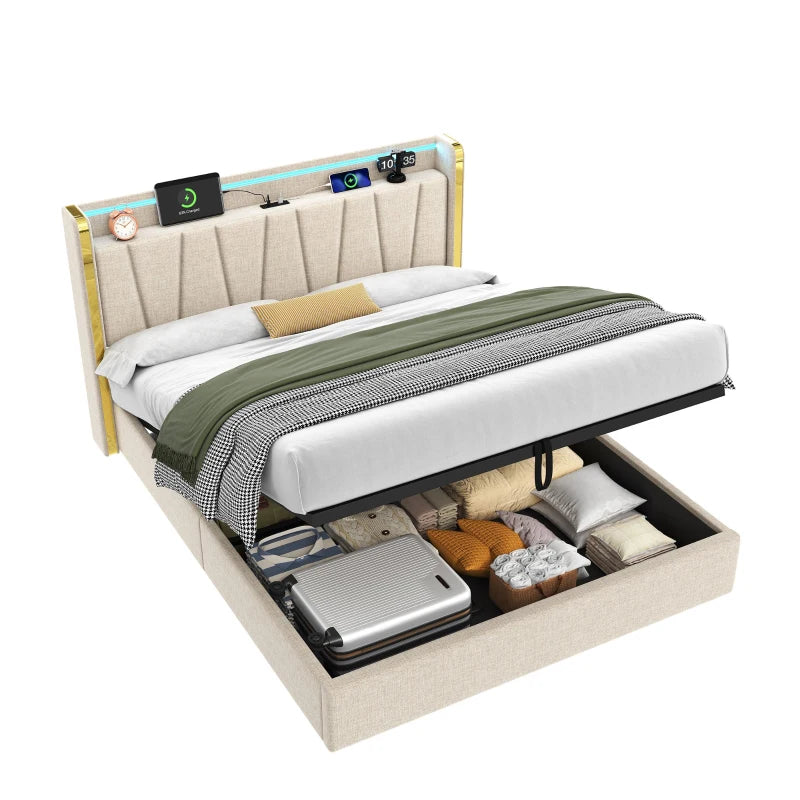 Double Upholstered Bed Frame with Hydraulic Storage and LED Headboard USB Type-C Charging Beige