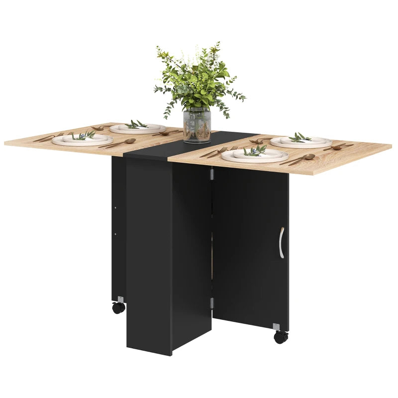 Folding Drop Leaf Dining Table with 2-Tier Shelves & Rolling Casters - Space-Saving Oak & Black Design for Kitchen