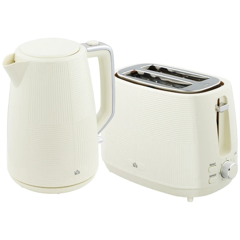 Cream White Kettle and Toaster Set - 1.7L Fast Boil Kettle & 2 Slice Toaster with 7 Browning Levels, Defrost & Reheat