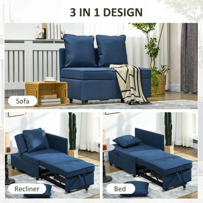 Multi-Functional Sleeper Chair Bed with Thick Padding and Magazine Pocket for Living Room, Blue