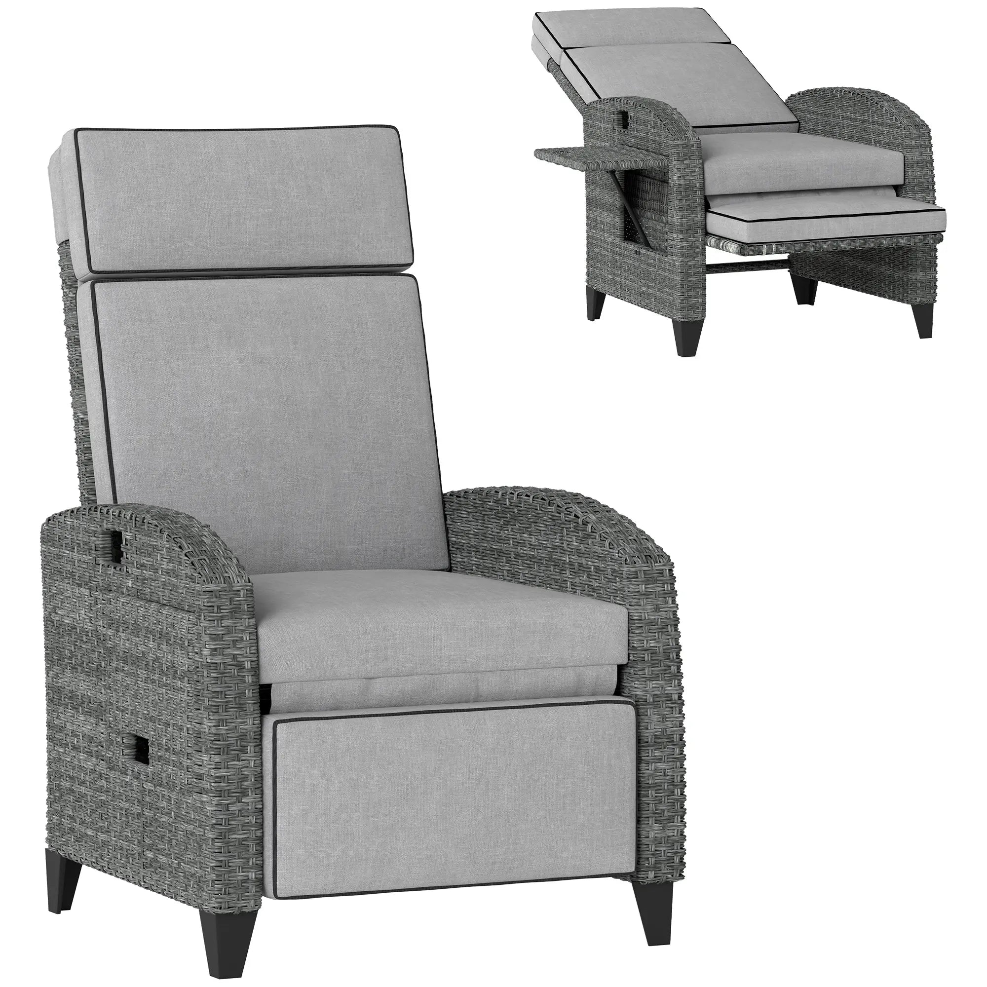 Grey Rattan Recliner Chair with Adjustable Backrest and Footrest, Cushions, Side Tray