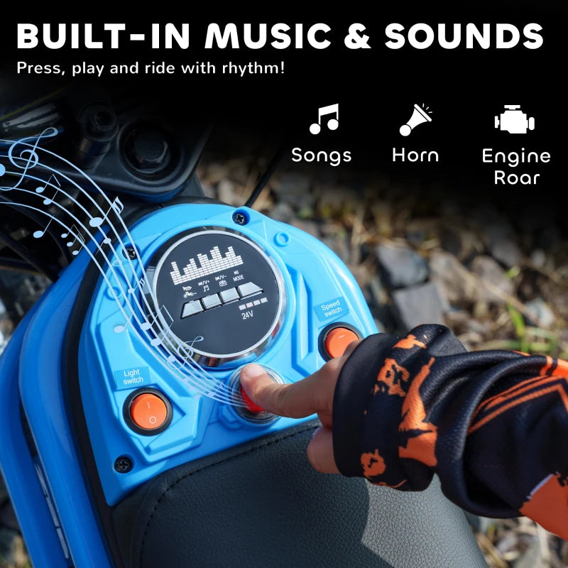 24V Electric Motorbike for Kids with Twist Grip Throttle Music Horn 12 Inch Tyres Blue