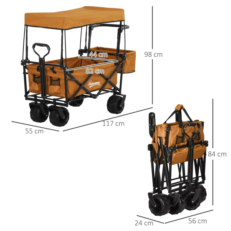 Folding Trolley Cart Storage Wagon - Orange 4-Wheel Beach Trailer with Canopy for Shopping and Camping