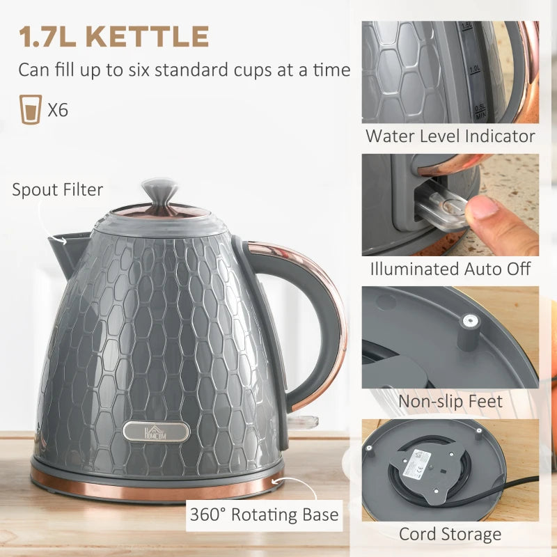 1.7L 3000W Fast Boil Kettle & 4 Slice Toaster Set - Grey, 7 Browning Controls, Crumb Tray, Kitchen Essentials
