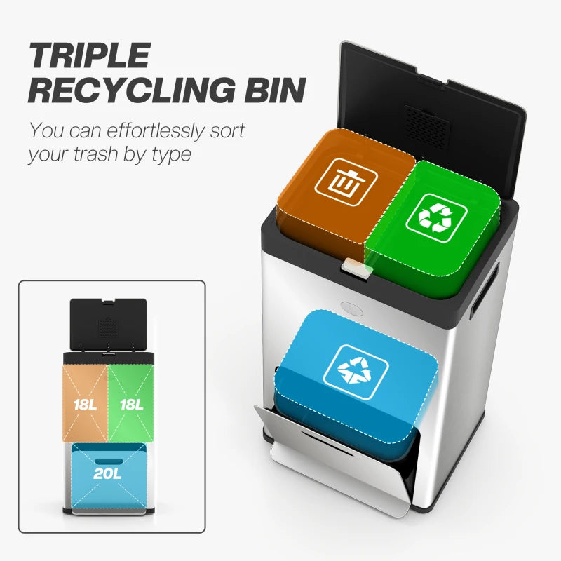 56L Triple Compartment Stainless Steel Kitchen Bin with Deodoriser Holders & Wheels - Stylish Silver Tone Waste Solution