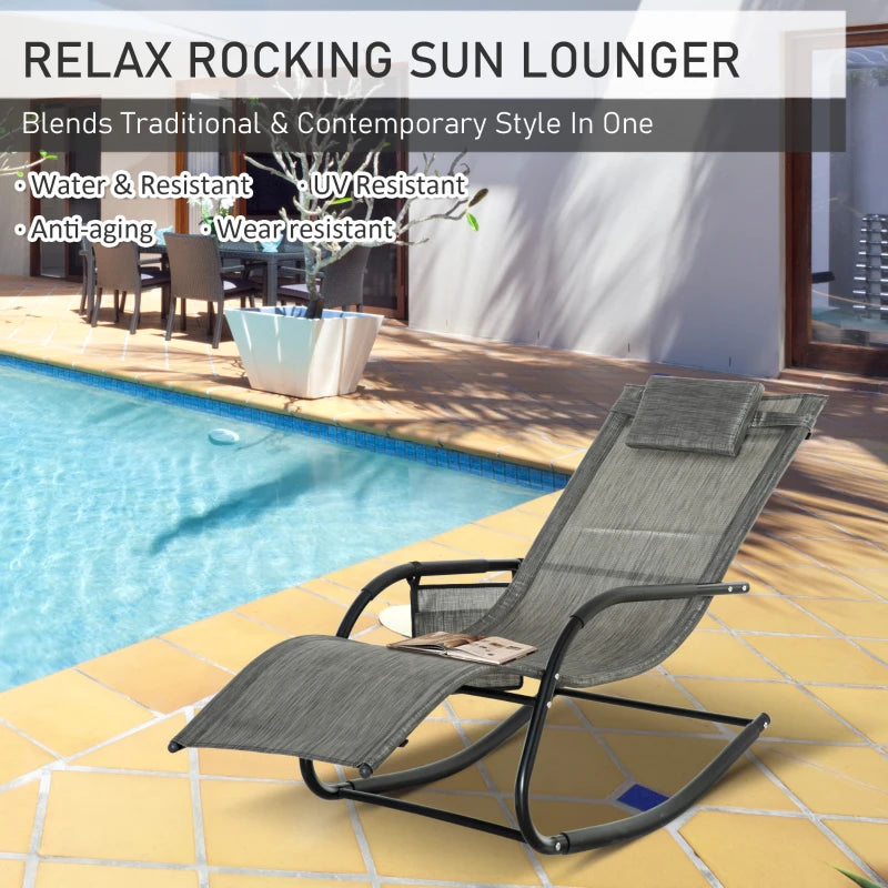 Dark Grey Outdoor Rocking Chair with Mesh Fabric and Storage Bag - Removable Headrest Pillow, Armrest & Side Storage Bag