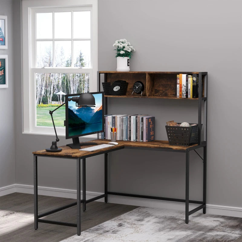 Industrial L-Shaped Desk with Bookshelf - Corner Computer Writing Table, Steel Frame, 140x125cm, Brown for Home Office & Study