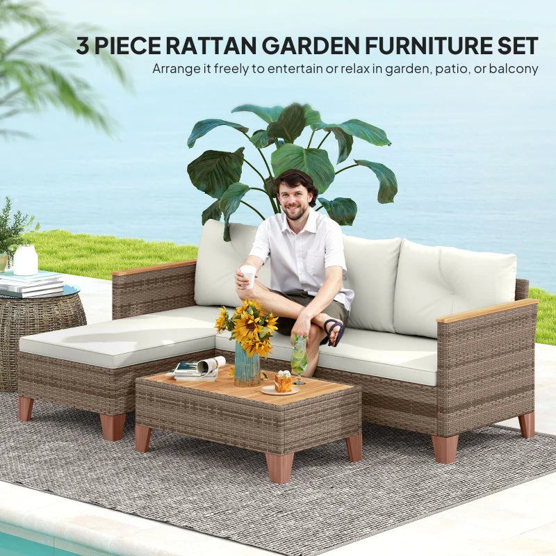 3-Piece Rattan Garden Furniture Set - L-Shaped Chaise Lounge & Coffee Table with Cushions