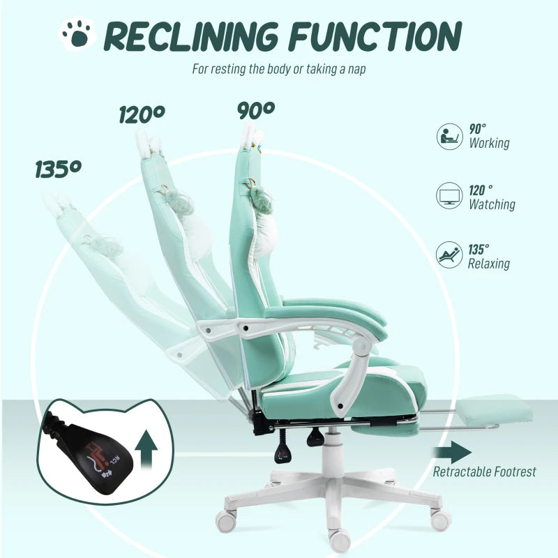 Cat Ear and Paw Reclining Office Chair with Footrest - Cute Light Blue/White Design for Comfort and Style