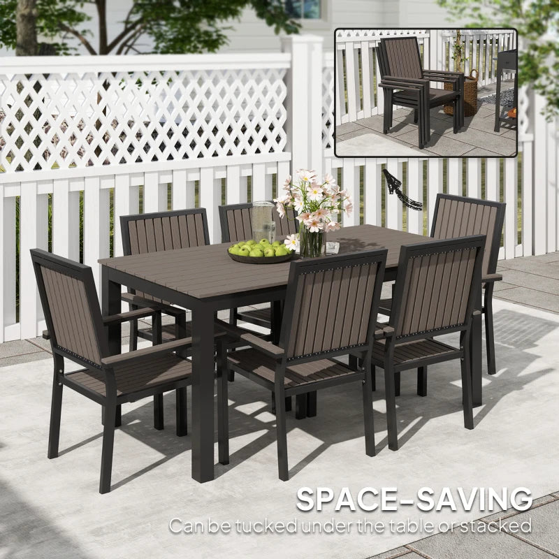 6 Seater Brown Garden Dining Set with Stackable Chairs, Rectangular Plastic Top, Aluminium Frame