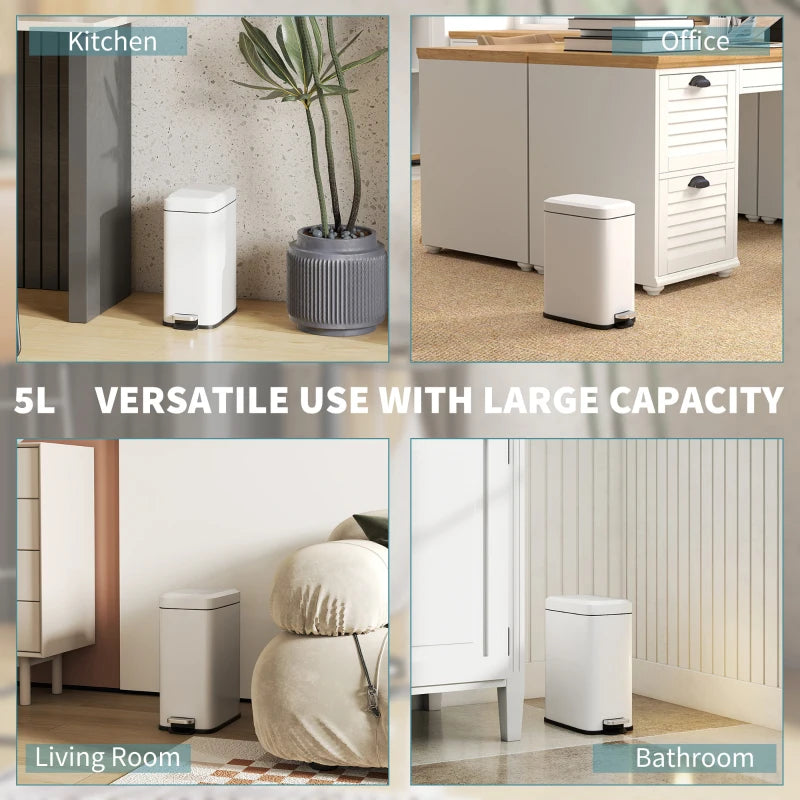 5L Rectangular Compact Steel Trash Can with Removable Bucket & Quiet-Close Lid - Ideal for Home, Office, Bathroom, Living Room - Clean White
