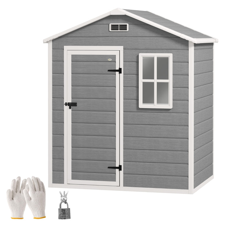 6ft x 4ft Grey Plastic Garden Shed with Floor, Window, Lockable Door and Vents - Wood Effect Resin Tool Storage for Outdoor Use