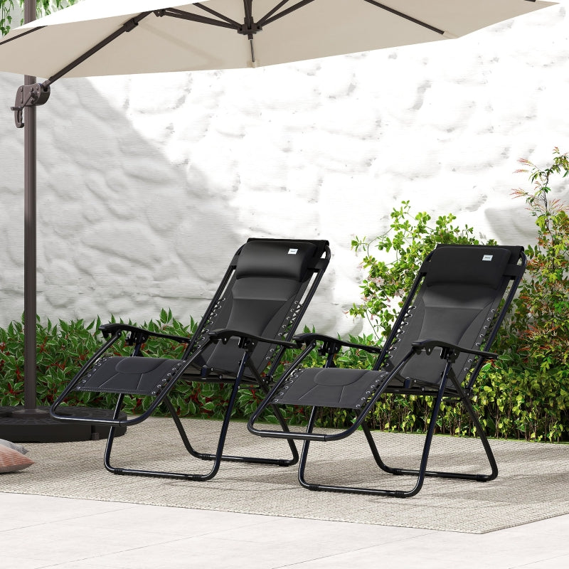 Black Sun Lounger Chair Set of 2 - Folding Reclining Patio Chairs with Padded Seat, Cup Holder, Soft Cushion and Headrest - Black
