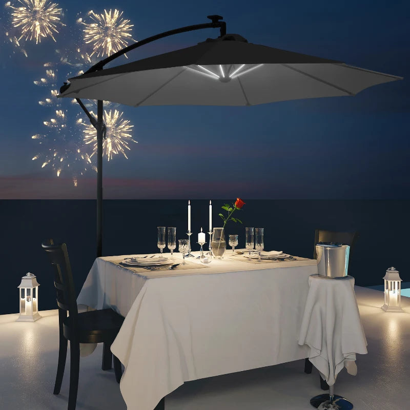 Black 3m LED Cantilever Patio Umbrella with Crank Cross Base