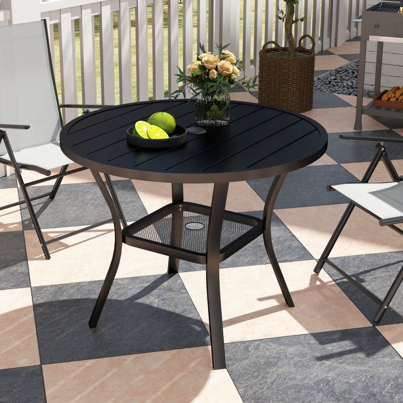 90 cm Round Black Garden Dining Table with 4-5 cm Parasol Hole, Steel Slatted Top and Wire Shelf for Outdoor Balcony and Porch