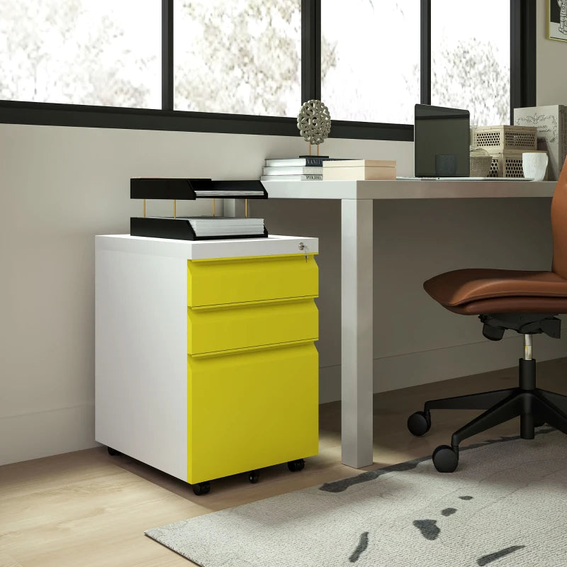 Vinsetto Mobile Metal File Cabinet - 3 Drawer Anti-Tilt Design for Letter, A4, Legal Size - Stylish Yellow
