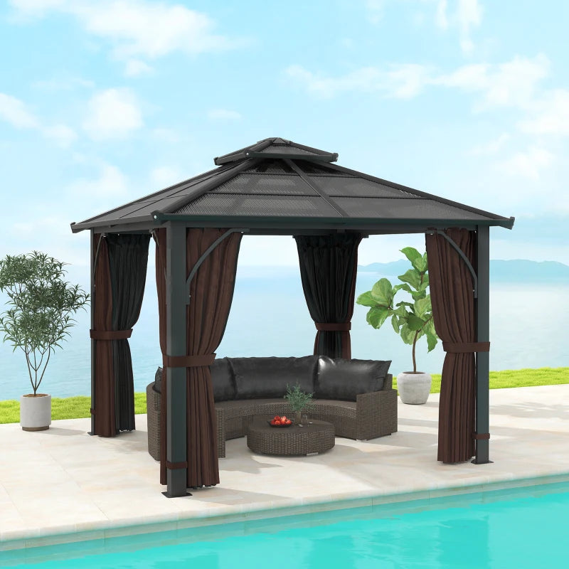 3x3m Brown Hardtop Gazebo Canopy with 7mm Double Polycarbonate Roof, Permanent Garden Pavilion with Mosquito Netting and Curtains for Patio and Deck