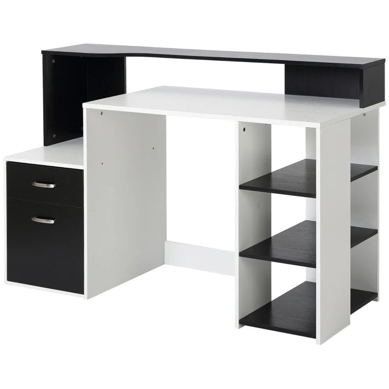 Modern Computer Desk with Drawers & Storage Shelves - Large Office Writing Table with Printer Stand, Black & White, 137x55x92cm