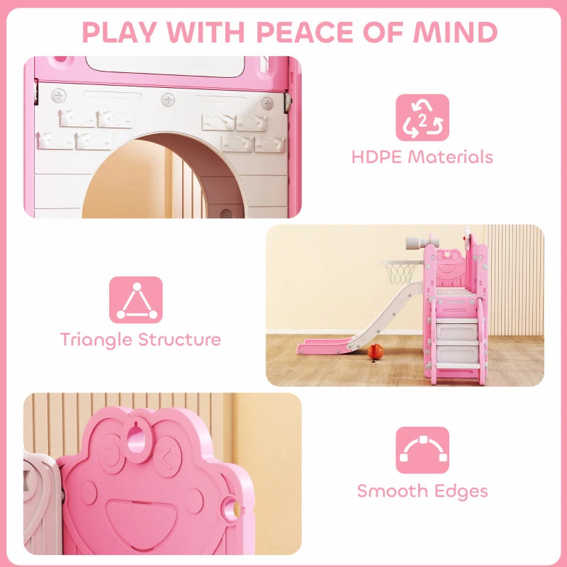 7 in 1 Toddler Slide Set with Basketball Hoop Climbing Frame Telescope Drawing Board Storage Box Pink