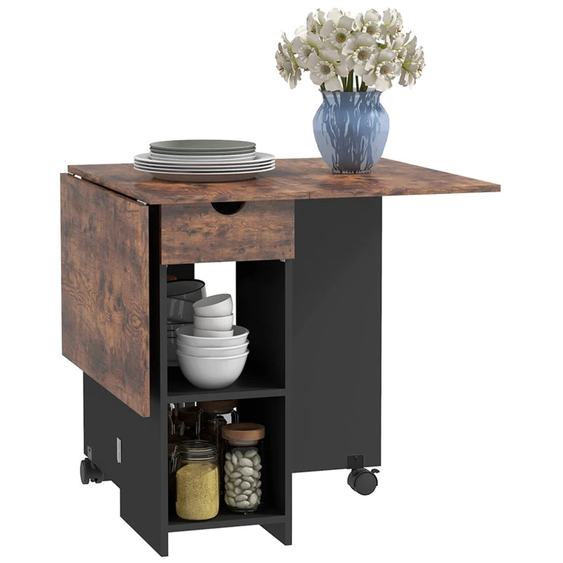 Rustic Brown Folding Dining Table with Drop Leaf, Storage Drawer & Shelves - Perfect for Small Spaces, Kitchen & Dining Room