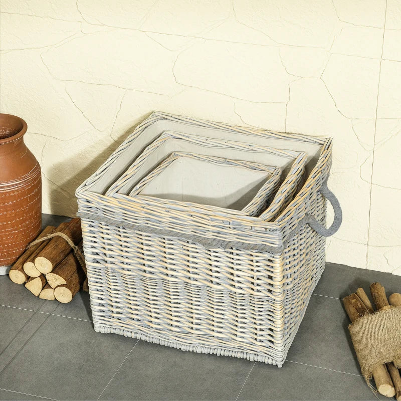 Set of 3 Beige Round Log Baskets with Lining & Rope Handles - Ideal for Wood Burner, Fireside Storage & Blankets